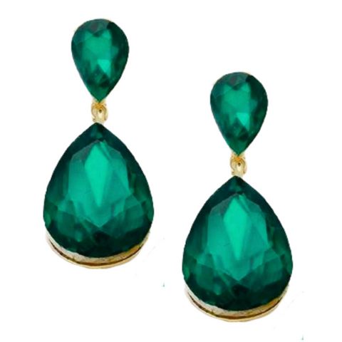 GWENDOLYN EMERALD GREEN CRYSTAL DOUBLE TEARDROP EARRINGS IN POST OR CLIP - Bettina's Collection